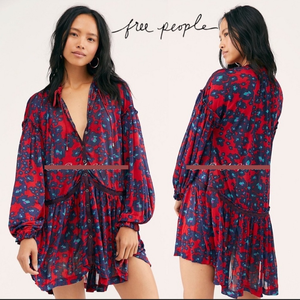 Free People NWT red silky floral tunic/mini dress